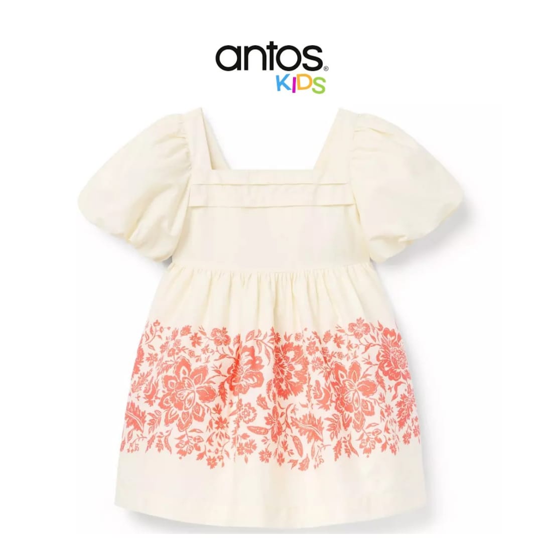 Floral Border Puff Sleeve Dress